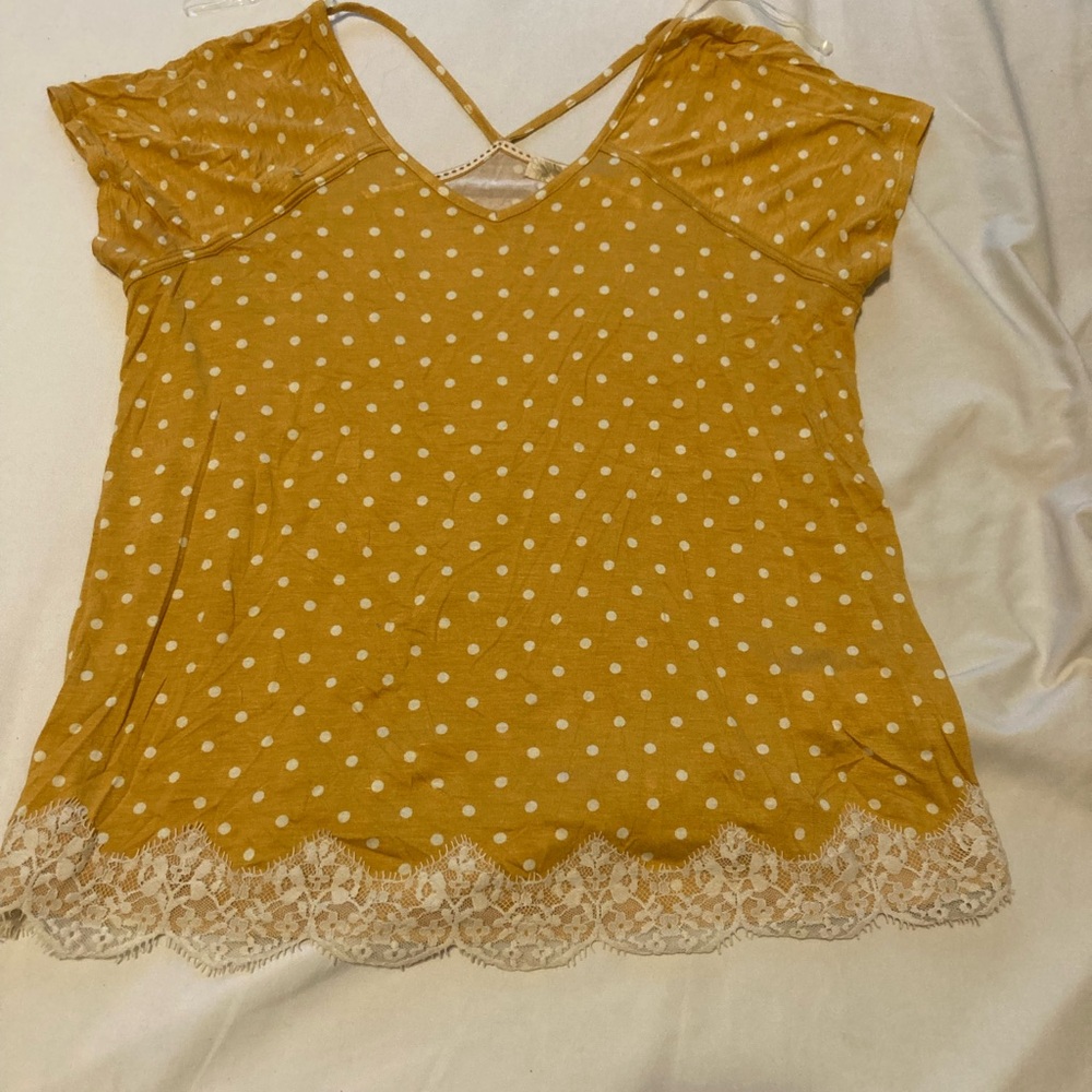 Rewind Large Mustard Yellow Polka Dot Lace Hem Cross Back Cap Sleeve Top